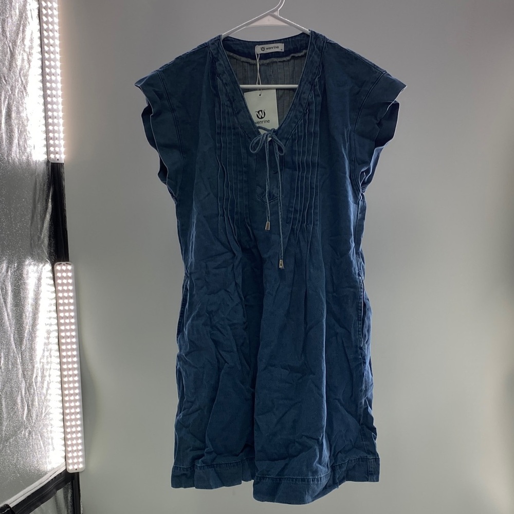 Washed Indigo Pintuck Midi Dress with Tie Neck